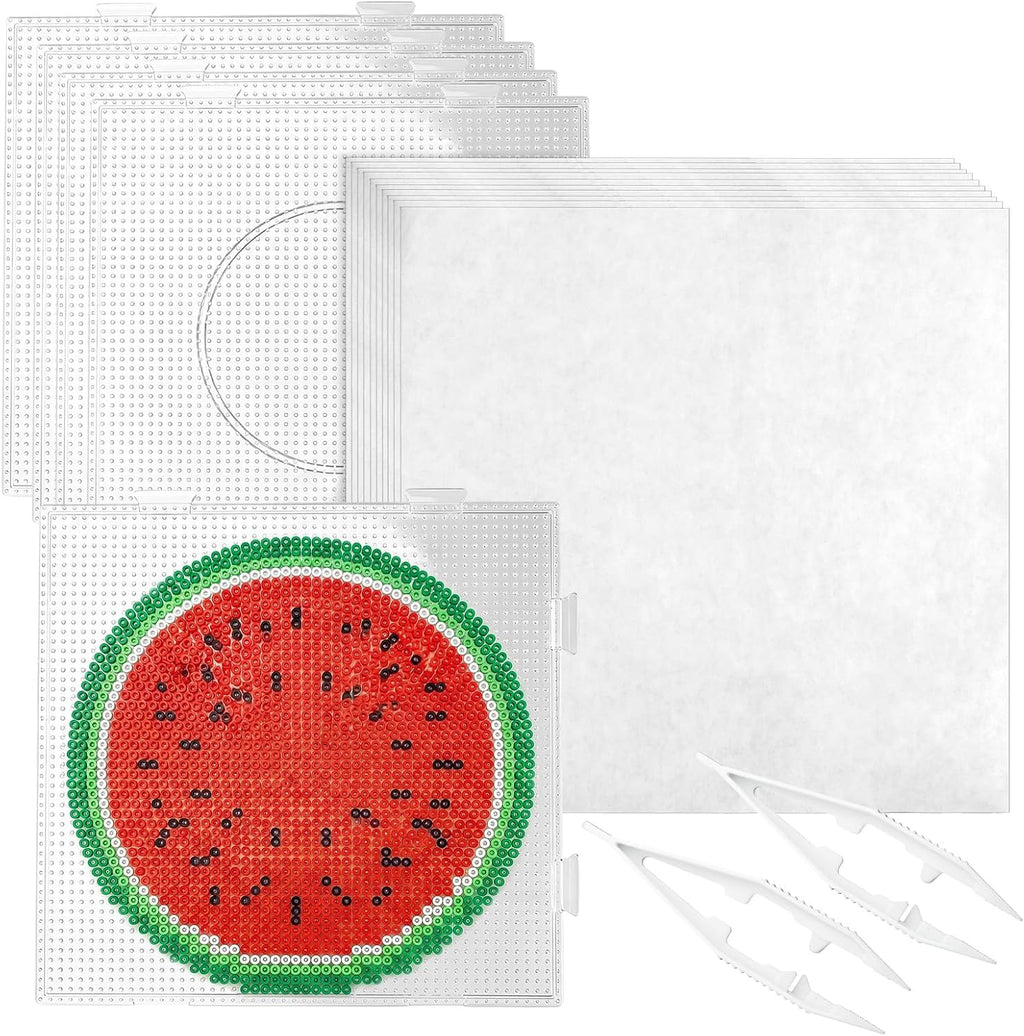 Fuse Bead Boards, 4 Pcs 2.6mm Heat Resistant Clear Plastic Pegboards, 10 Pcs Ironing Papers and 2 Pcs Beads Tweezers for Adults School Party DIY Craft Gifts