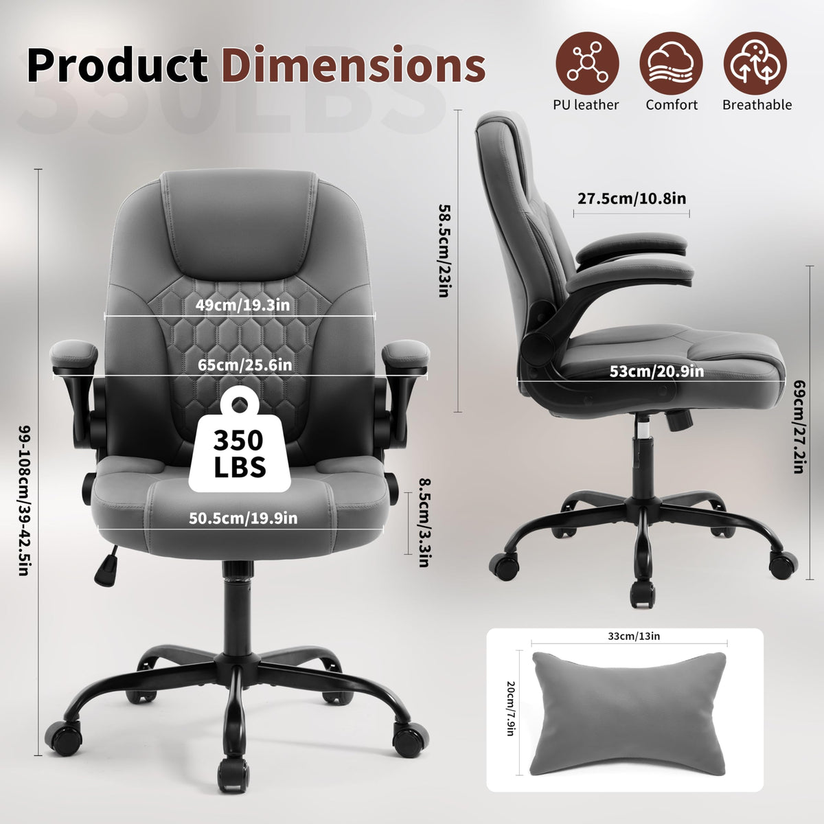 Leather Office Chair Swivel Lumbar Support for Short People Black