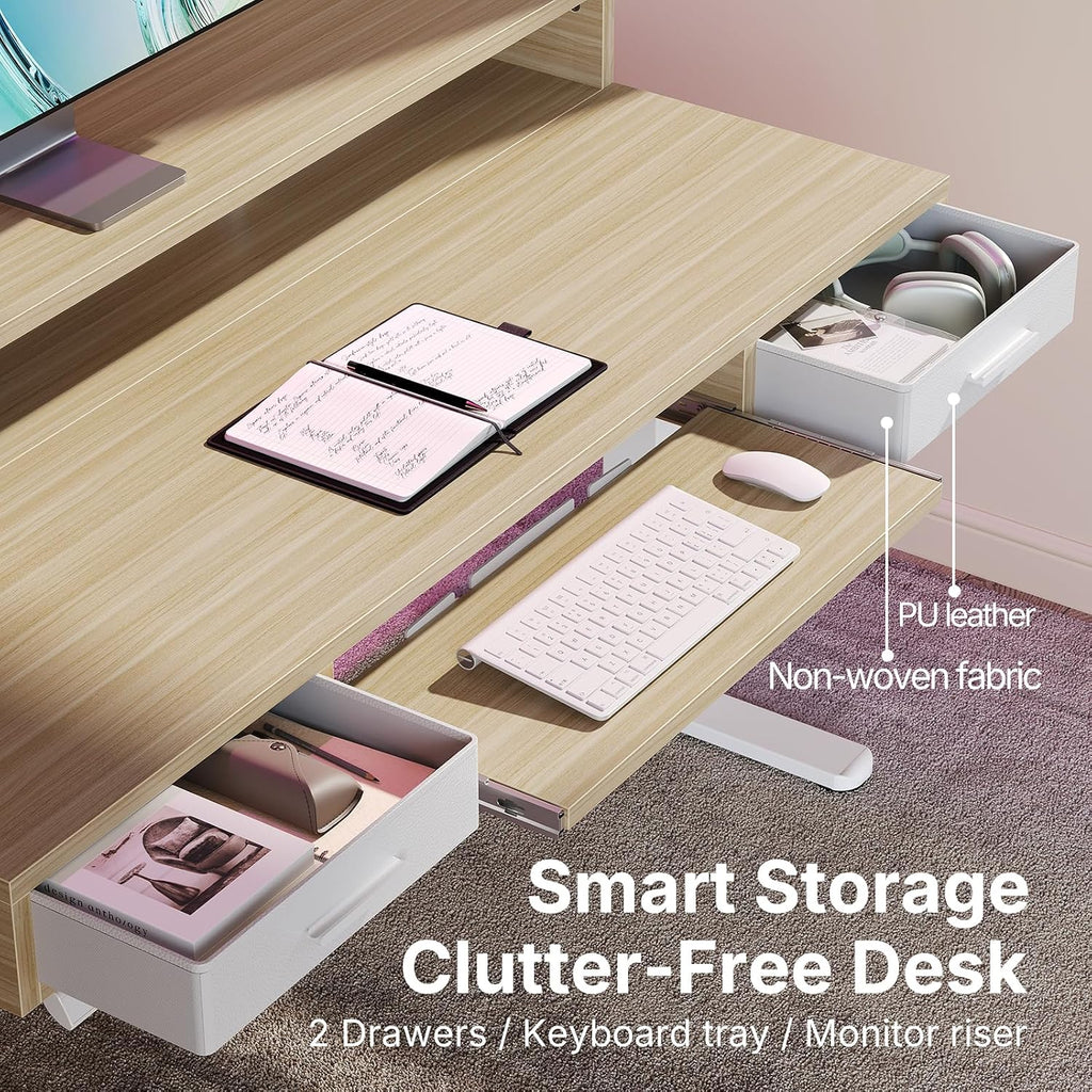 HUANUO 55″ x 26″ Electric Standing Desk with 2 Drawers &24.4″ Large Keyboard Tray, C-Clamp Mount Compatible, Adjustable Computer Desk for Office, Sit Stand Up Desk with 4 Height Presets, Light Walnut