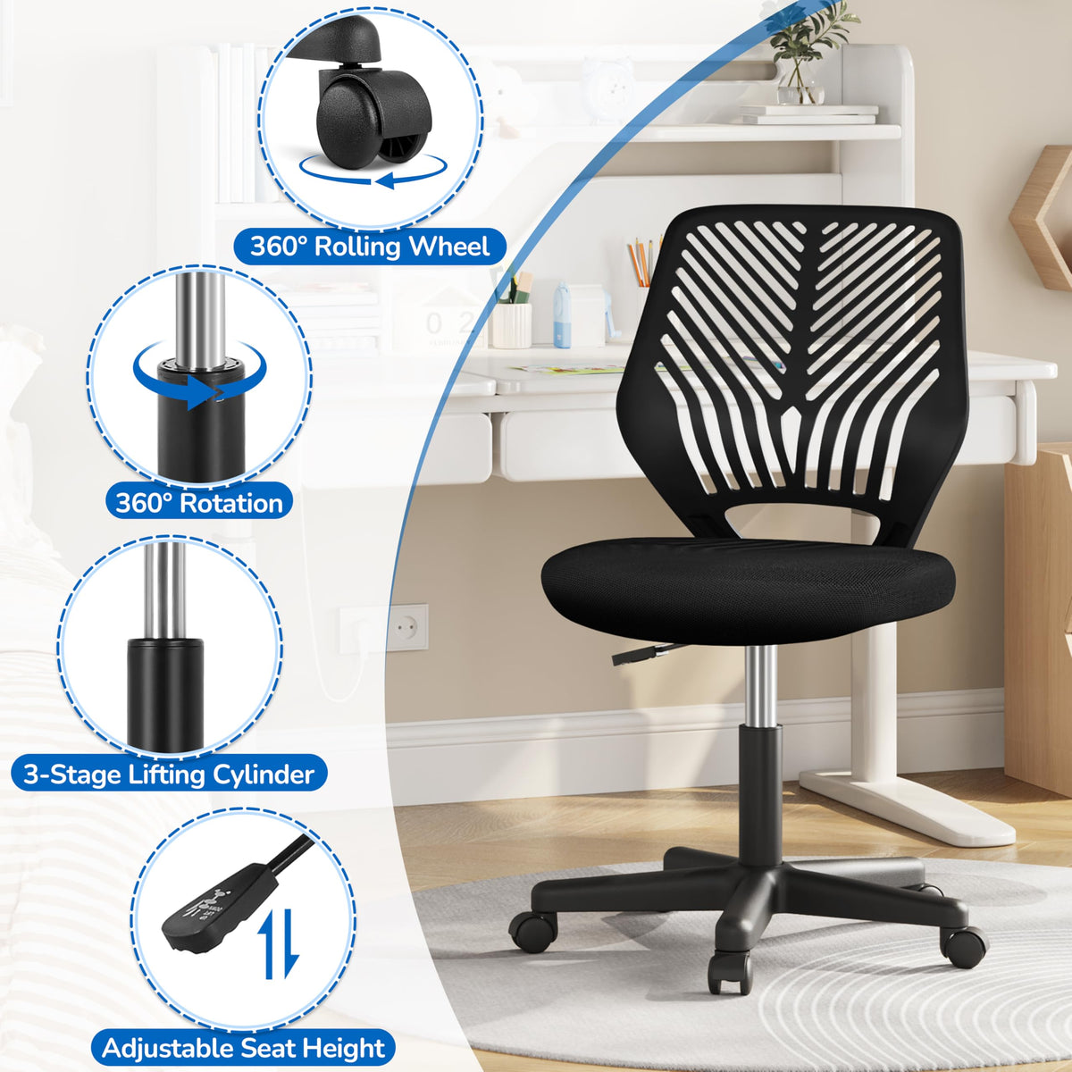 Yaheetech Small Desk Chair, Armless Adjustable Swivel Seat, Green