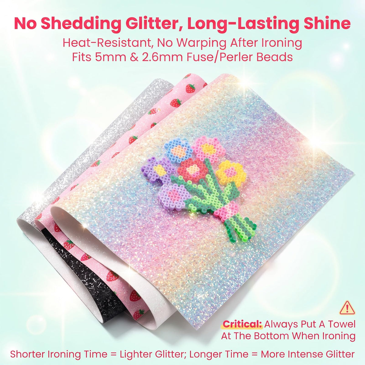 6PCS Fuse Beads Glitter Fabric Ironing Paper, 7.87 x 5.91 Inch Fuse Chunky Fabric Ironing Paper Reusable Chunky Sparkle IronPaper with PU Leather Easy to Iron Out Non-Porous for Bead Craft
