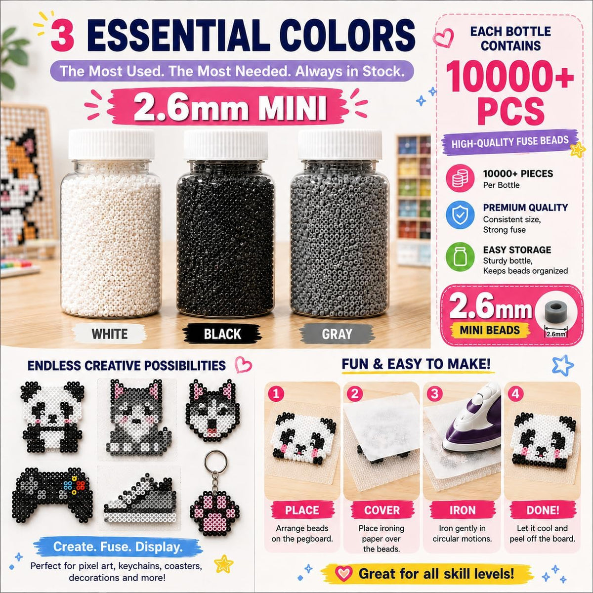 30000PCS+ 2.6mm Fuse Beads Refill Kit, 3 Neutral Colors Black White Grey 1W+/Colors Iron Beads in Storage Bottles, Standard Size Melty Beads for DIY Crafts, Pixel Art and Creative Art Projects