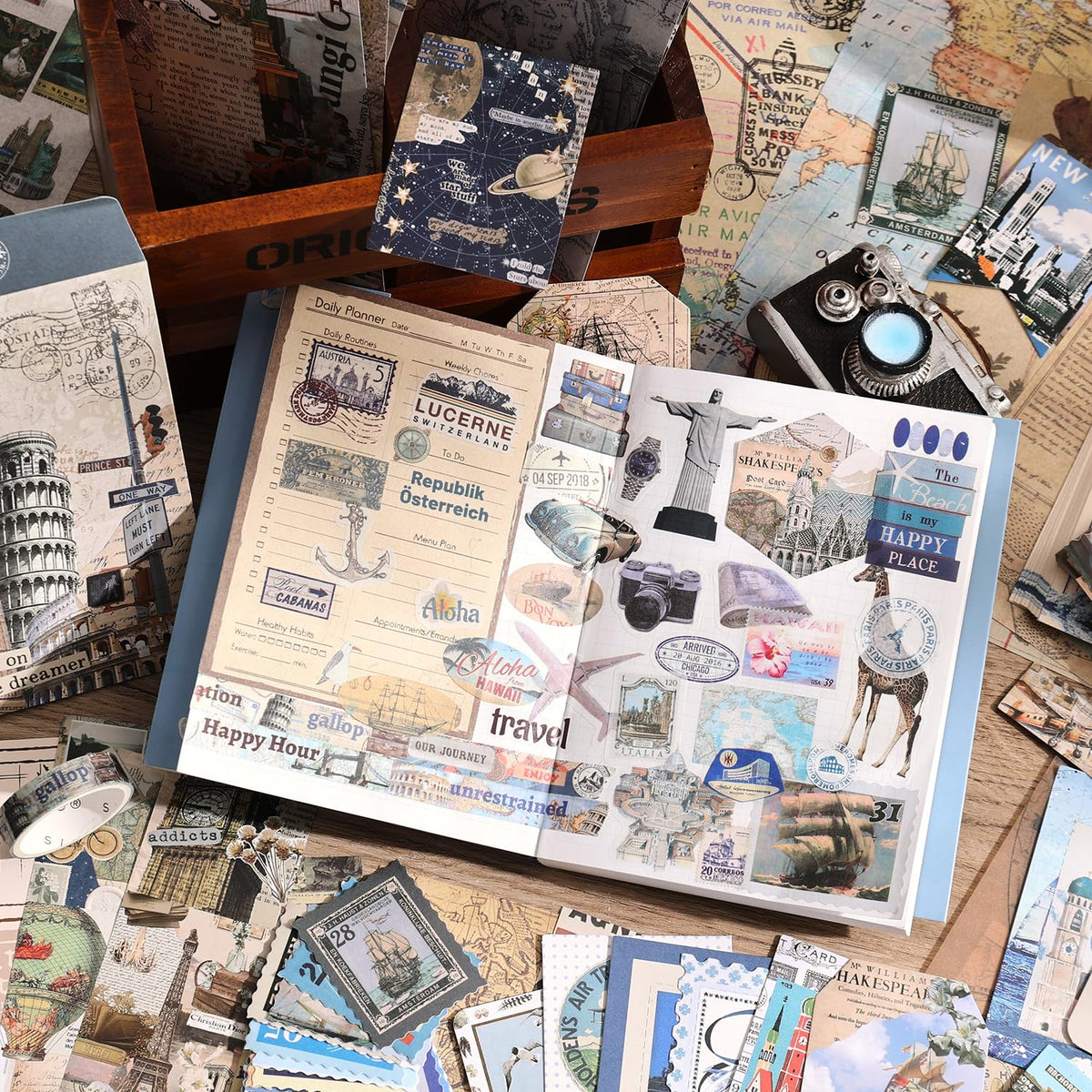 emmoolife 348 Pcs Scrapbooking Supplies Kit, Vintage Aesthetic Scrapbook Kit for Bullet Junk Journal, Stationery, A6 Grid Notebook, DIY Journaling Supplies, Birthday Craft Gift for Teen Girl Women