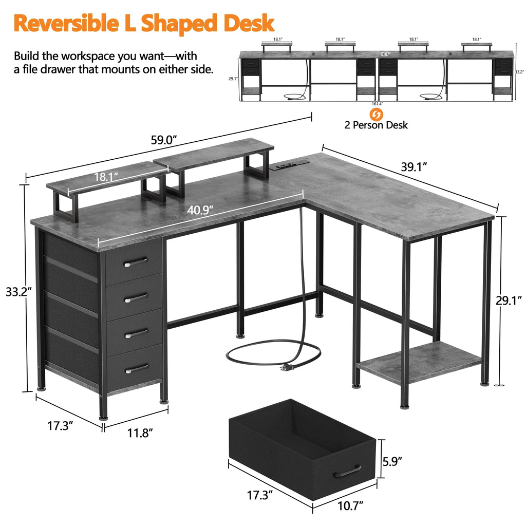 Korfile: 59" L-Shaped Computer Desk with Charging Station & Storage