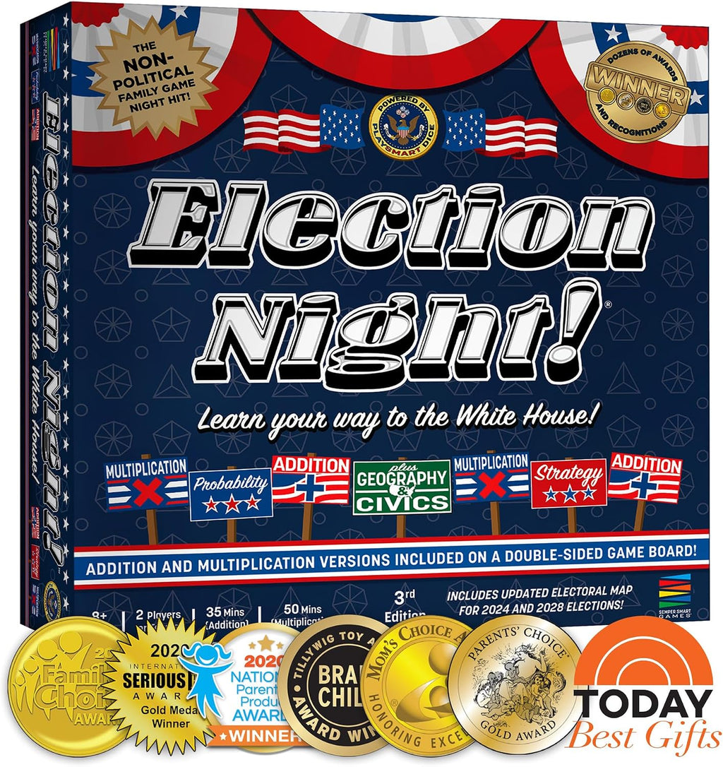 Semper Smart Games Election Night! A Super Fun Board Game to Learn Math, Geography, and Civics with Dice – Updated Electoral College Game for Kids and Families (Ages 8 & Up)