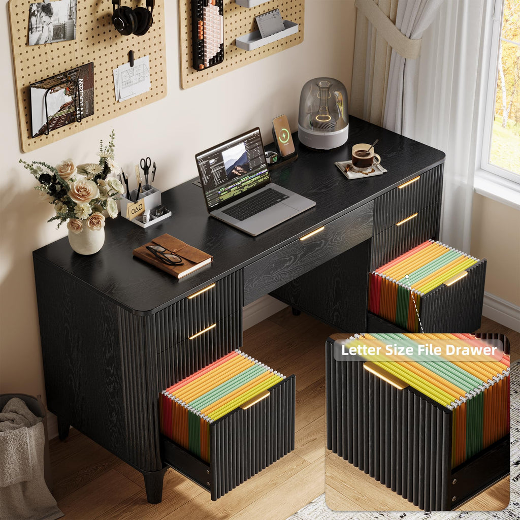 55.1" Fluted Executive Desk with Drawers, Wood Computer Desk with Storage Cabinet, Home Office Desk with Charging Station, Farmhouse Desk with File Cabinet for Office Home (Nature)