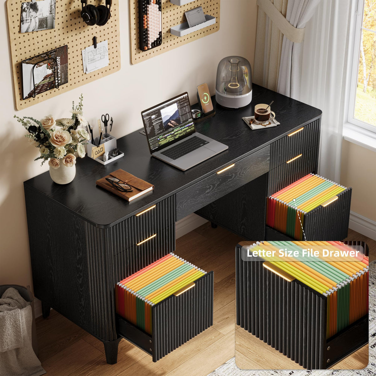 55.1" Fluted Executive Desk with Drawers, Wood Computer Desk with Storage Cabinet, Home Office Desk with Charging Station, Farmhouse Desk with File Cabinet for Office Home (Nature)
