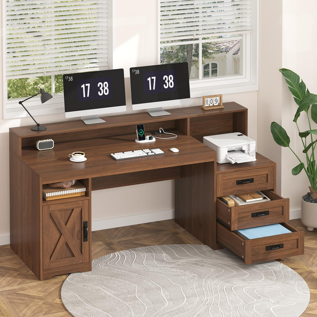 65" Farmhouse Computer Desk with Drawers and Printer Stand for Home Office