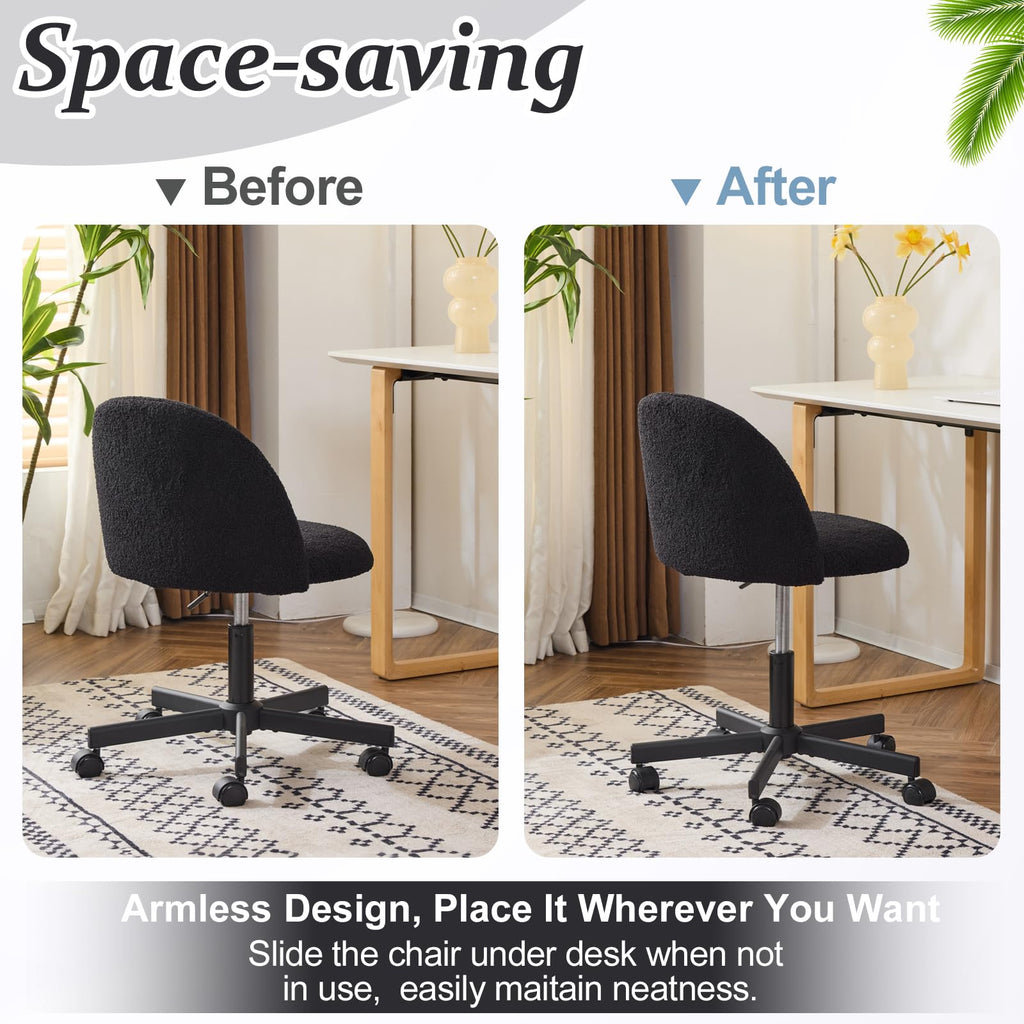 VINGLI Cute Candy Chair Armless Comfy Small Office Desk Vanity Chair with Wheels & Lumbar Support,Teddy Adjustable Rolling Swivel Computer Task Ch for Home Office,Bedroom,Gentle Pink