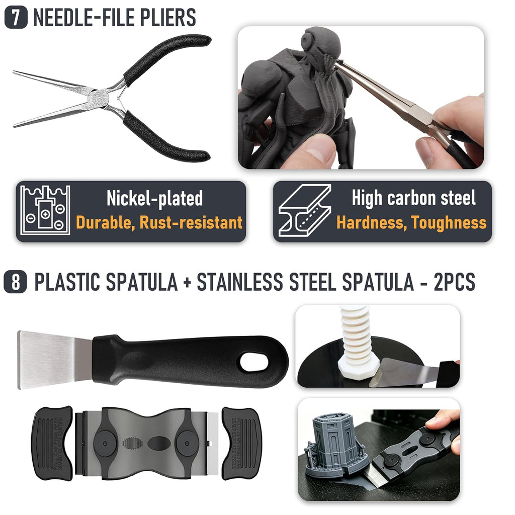 3D Printer Tools Kit, Quality 3D Printing Tool Kit for Model Finishing/Deburring/Drilling, 3D Printer Accessories for All FDM/SLA Printers Removing Support, Cutting Filament, Cleaning Nozzle