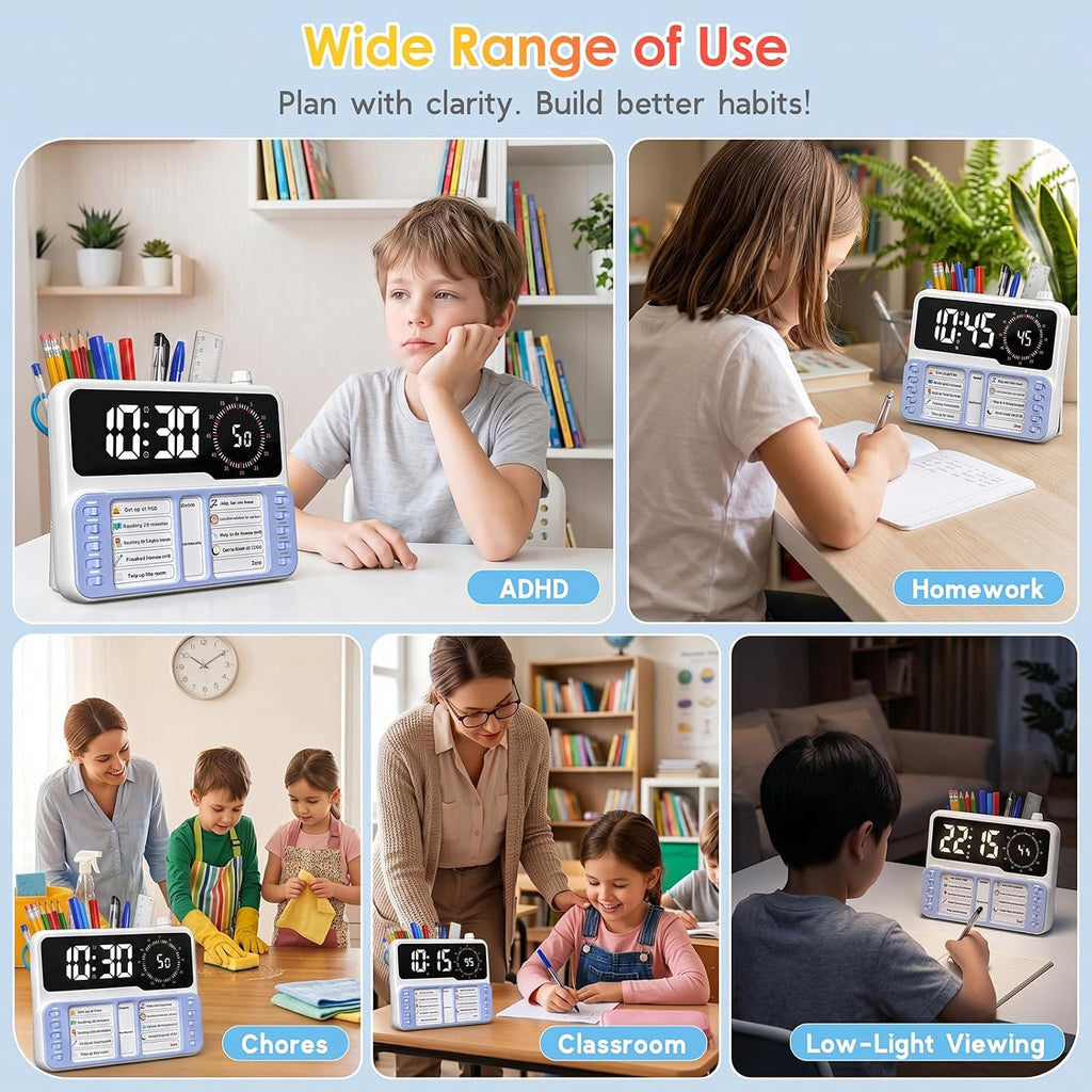7-in-1 Visual ADHD Timer for Kids with Chore Chart Board, ADHD Tools Schedule for Kids with Autism, Alarm, Countdown, Date, Temperature, Storage, Daily Checklist for Home/School/Classroom/Desk(Blue)