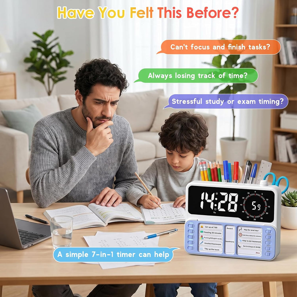 7-in-1 Visual ADHD Timer for Kids with Chore Chart Board, ADHD Tools Schedule for Kids with Autism, Alarm, Countdown, Date, Temperature, Storage, Daily Checklist for Home/School/Classroom/Desk(Blue)