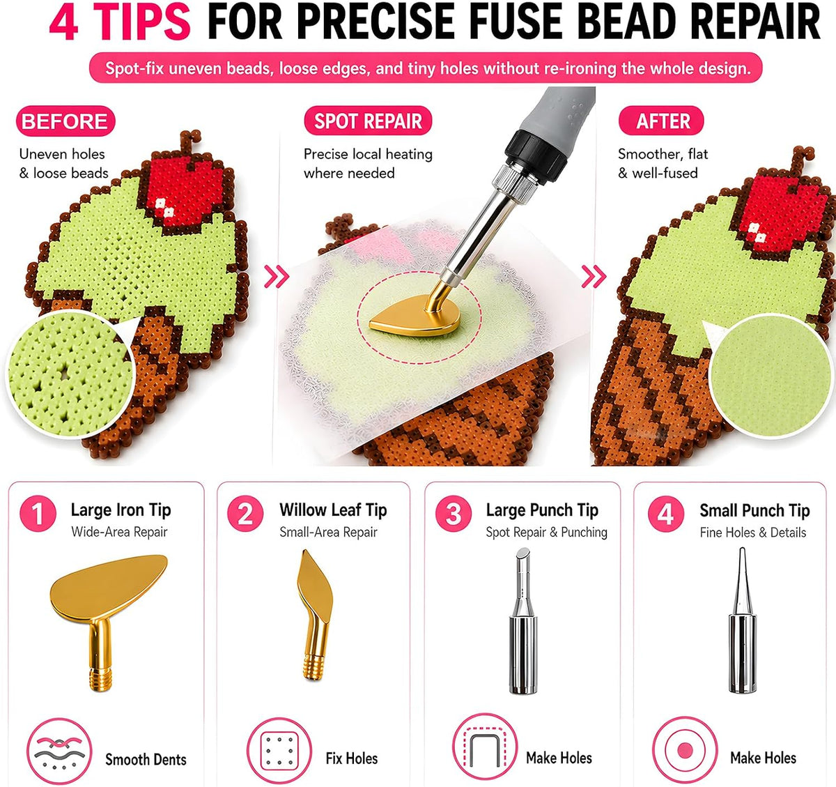 Fuse Bead Repair Iron, Mini Touch-Up Kit for Ironing Beads and Melty Beads, 90W Fast Heating with Precise Temperature Control and Auto Sleep, for Pegboards and DIY Crafts (Pink)