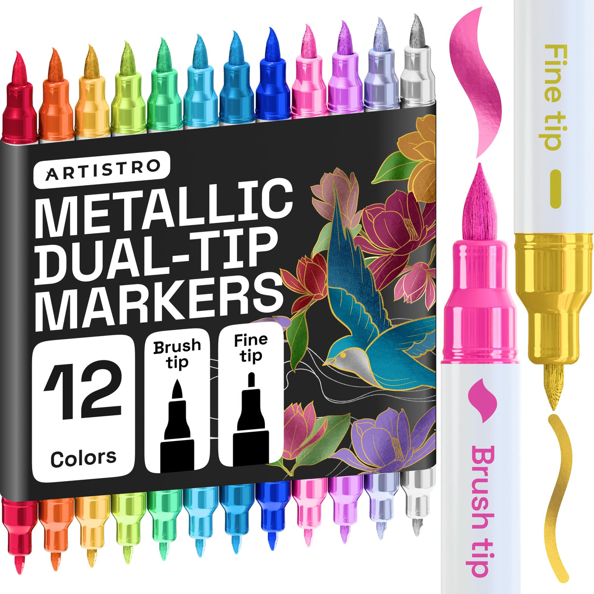 ARTISTRO Dual-Tip Acrylic Paint Markers – 1mm Fine & 1–5mm Brush Tip | ASTM D4236 Safe, Multi-Surface