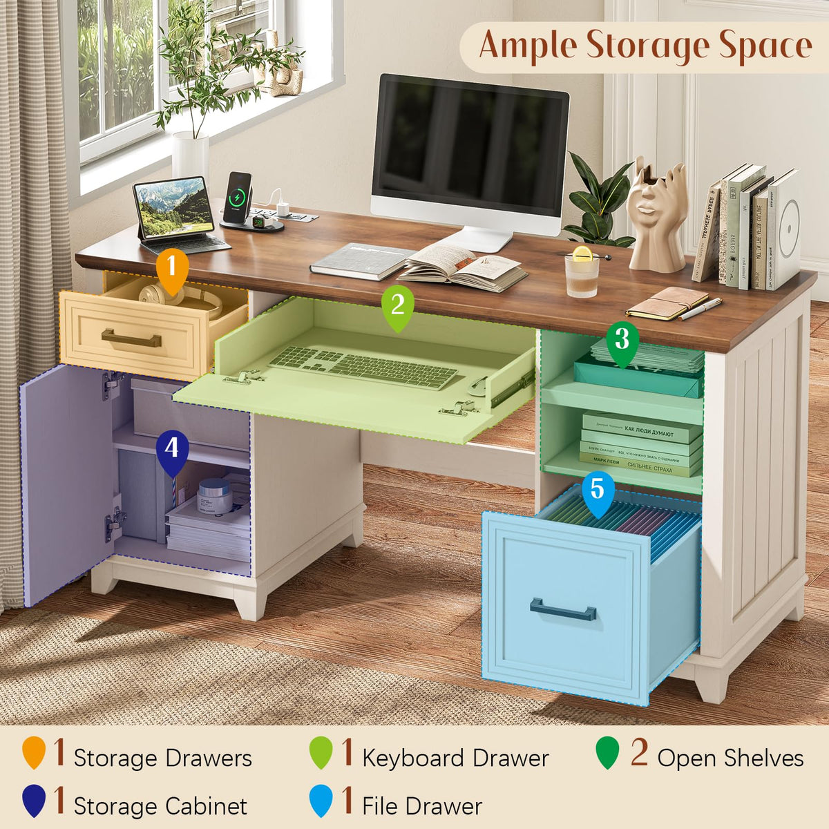 Vabches 51" Executive Desk Farmhouse Home Office Desk with Charging Station, LED Light, File Drawer, Storage Cabinet, Monitor Stand, Wood Computer Desk with Hutch for Work Study Writing (White)