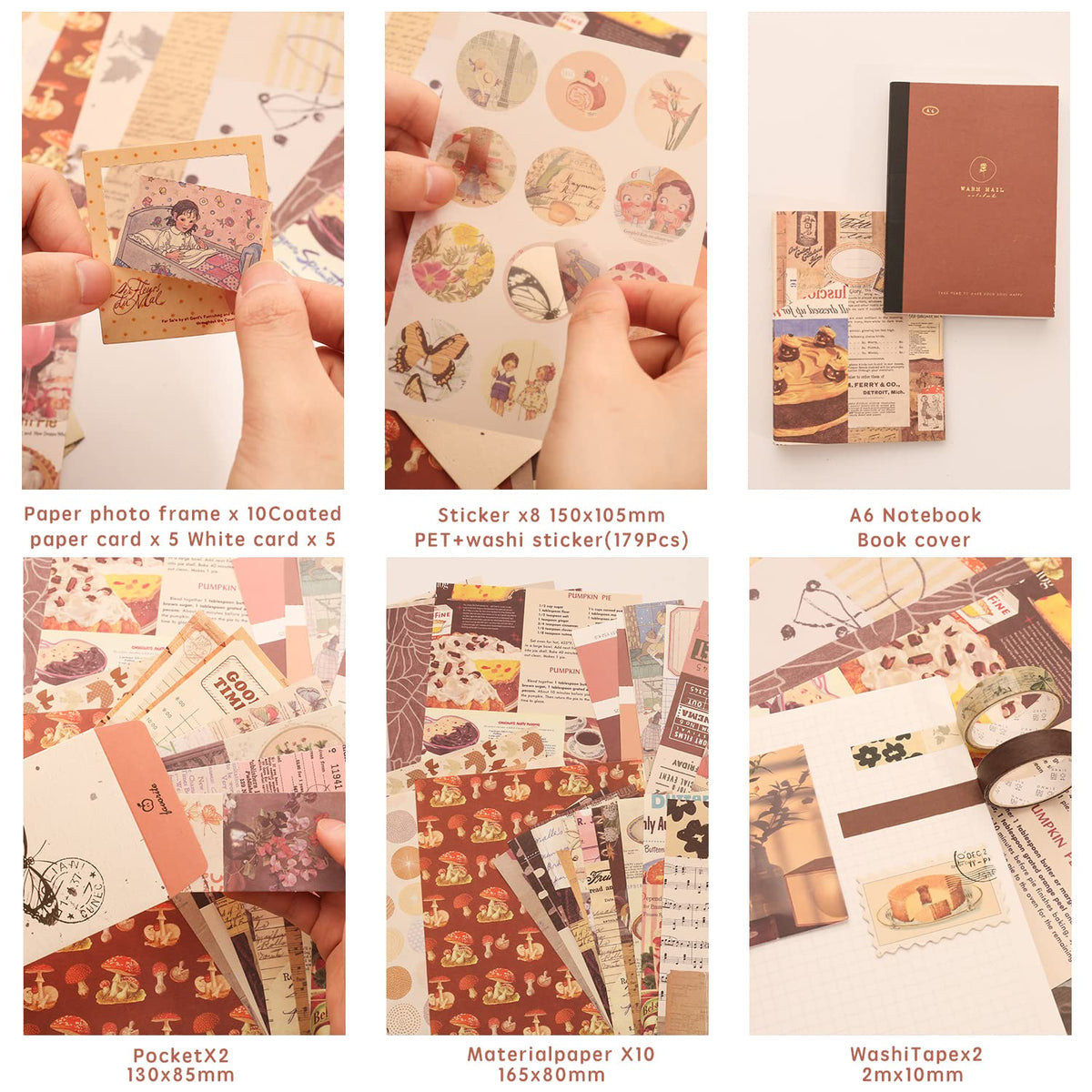 emmoolife 348 Pcs Scrapbooking Supplies Kit, Vintage Aesthetic Scrapbook Kit for Bullet Junk Journal, Stationery, A6 Grid Notebook, DIY Journaling Supplies, Birthday Craft Gift for Teen Girl Women
