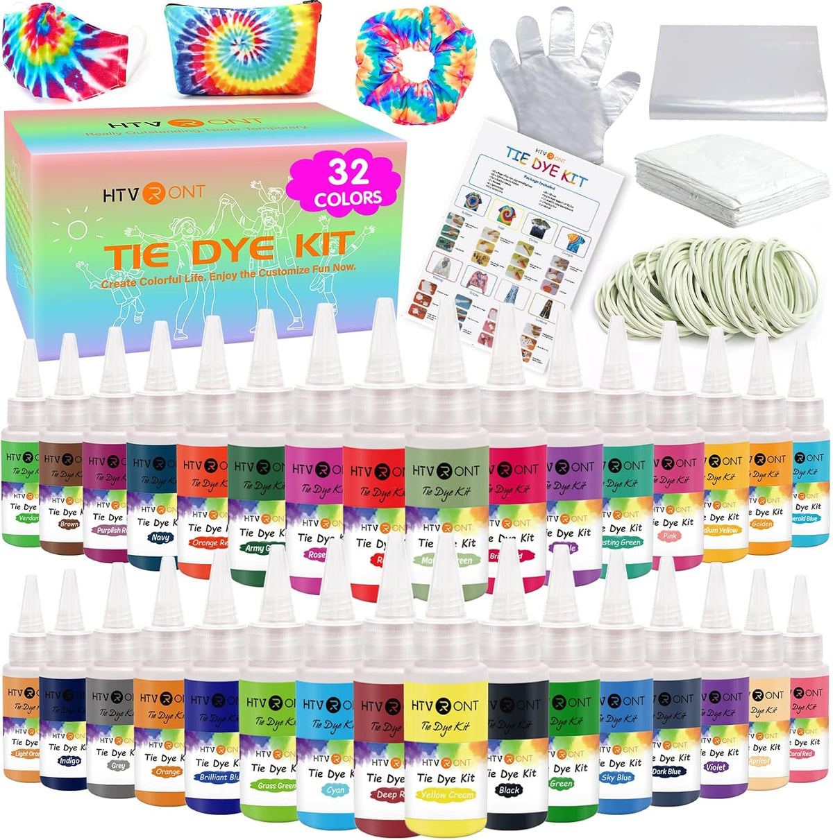 HTVRONT Tie Dye Kit, 32 Vibrant Vivid Permanent Colors, Just Add Water
