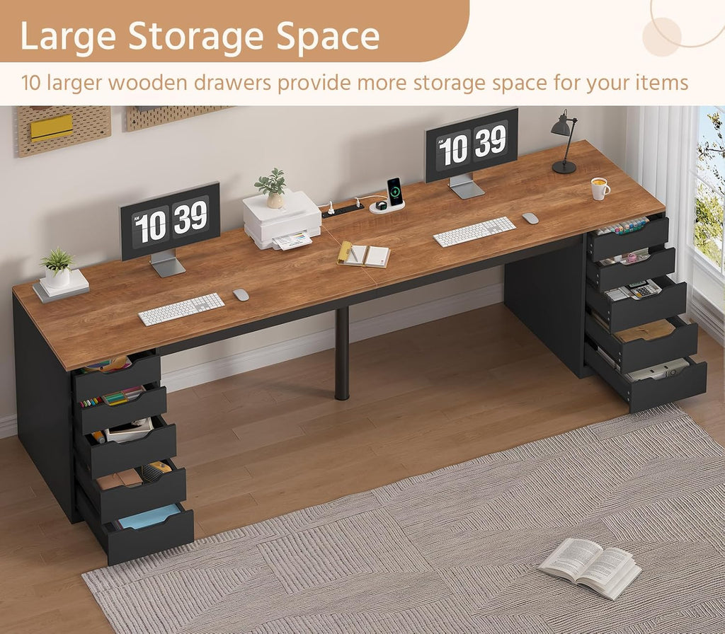 YOMILUVE 95" 2 Person Desk with 10 Drawers & Power Outlets for Home Office