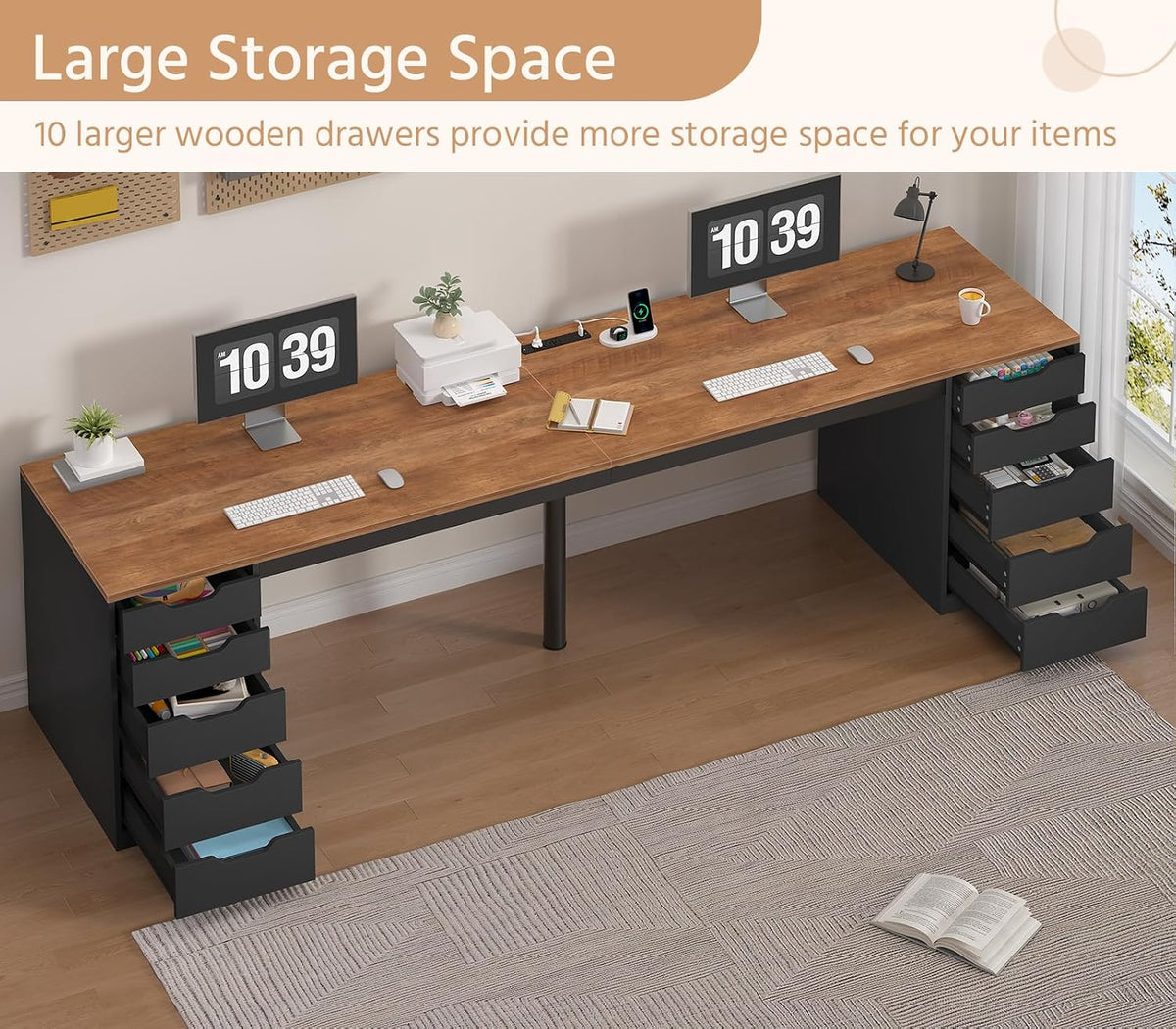 YOMILUVE 95" 2 Person Desk with 10 Drawers & Power Outlets for Home Office
