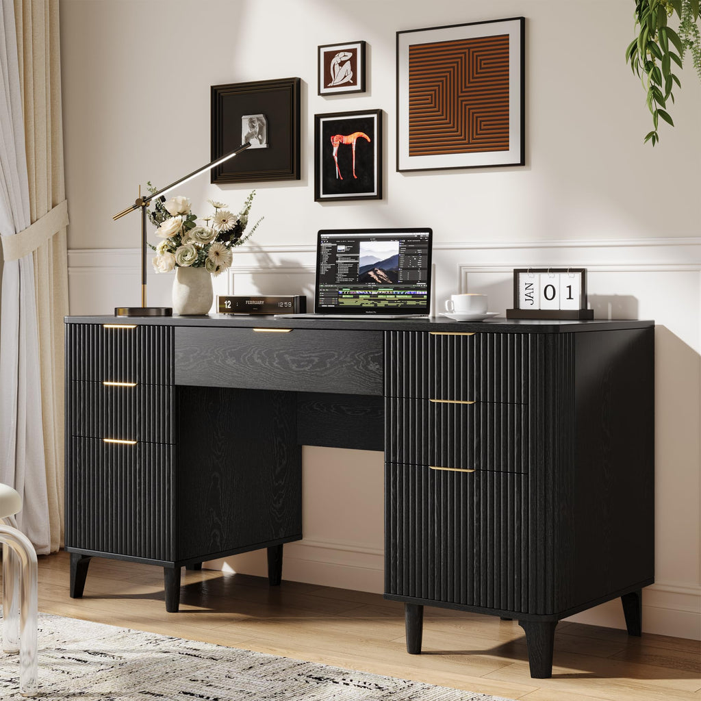 55.1" Fluted Executive Desk with Drawers, Wood Computer Desk with Storage Cabinet, Home Office Desk with Charging Station, Farmhouse Desk with File Cabinet for Office Home (Nature)