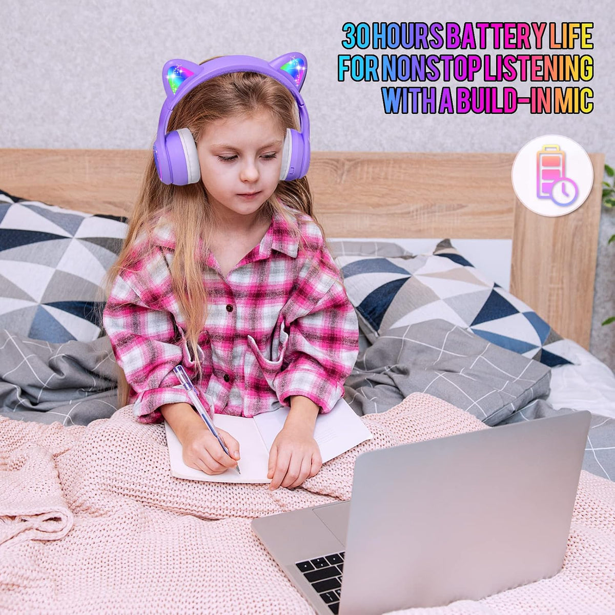 IFECCO Kids Bluetooth Headphones with Case,Cute LED Light Up Cat Ears