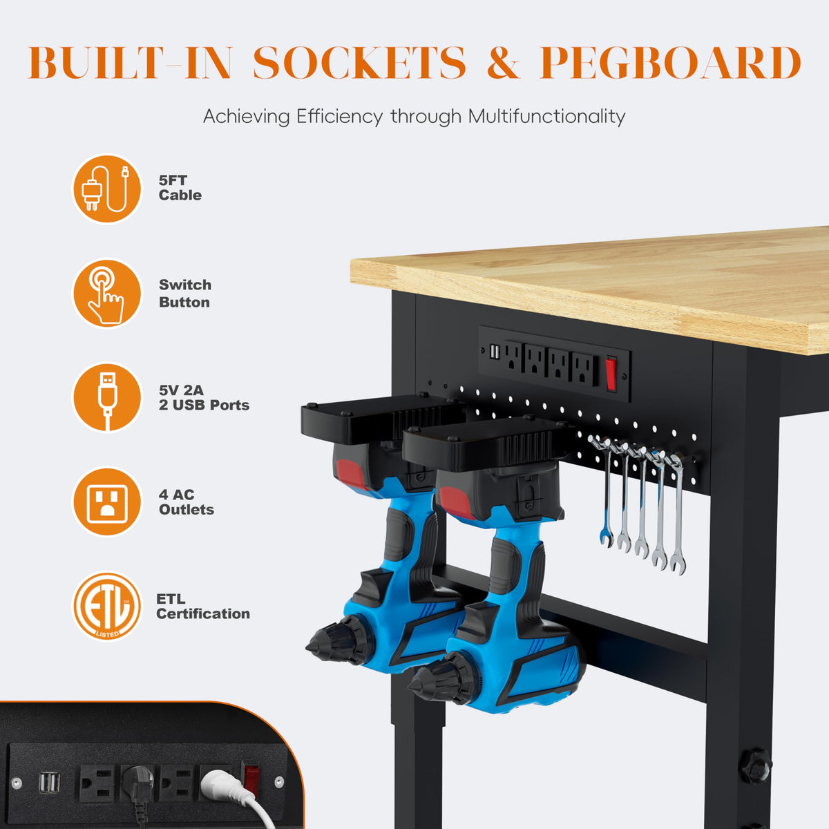 Betterhood 48" Heavy-Duty Adjustable Workbench for Garage, Rubber Wood Shop Table W/Metal Wheels, Hardwood Workstation Weight Capacity Over 2000 Lbs with Wheels