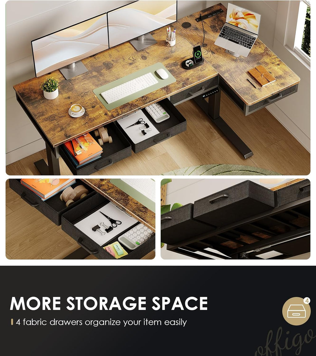 OffiGo: 63" L-Shaped Electric Height-Adjustable Standing Desk with 4 Drawers & Charging Station