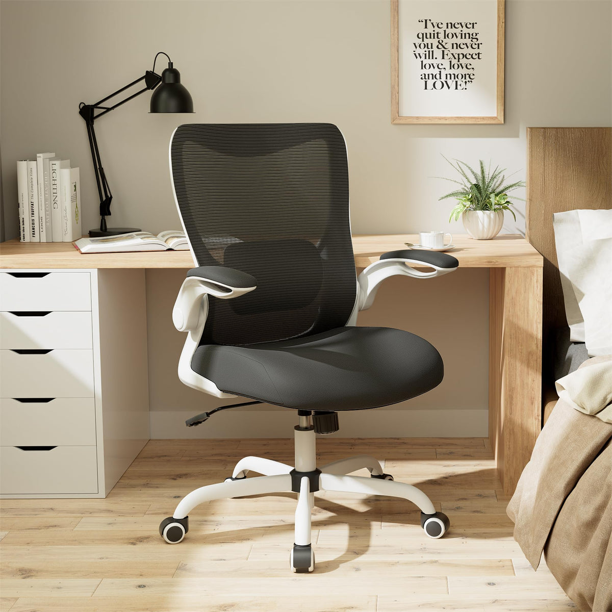 MUXX.STIL Office Chair, Ergonomic Desk Chair with Adjustable Lumbar Support and Flip up Armrest, Breathable Mesh Computer Chair for Home Office, Khaki