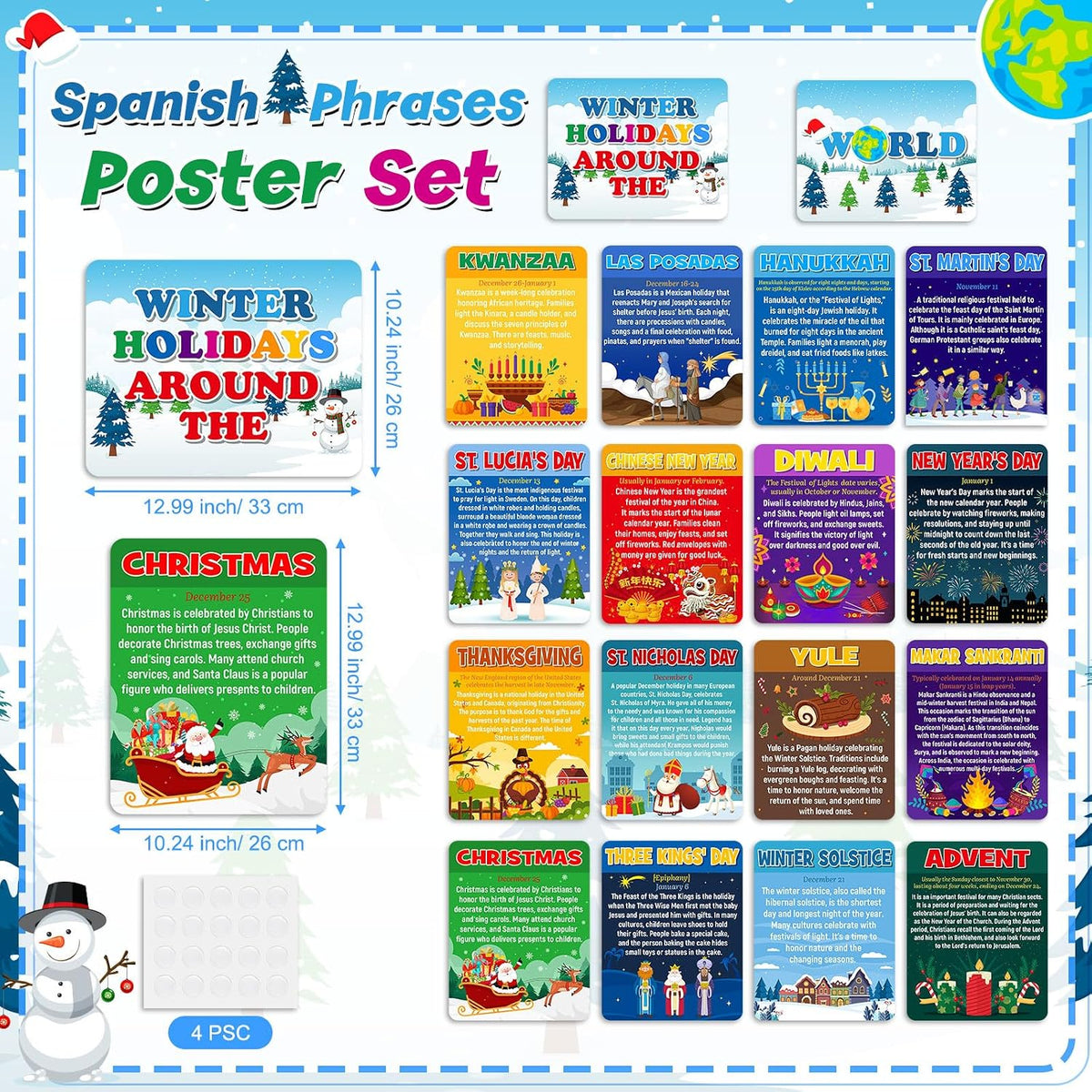 Funrous 18 Pcs Winter Holidays Bulletin Board Posters Set for Classroom