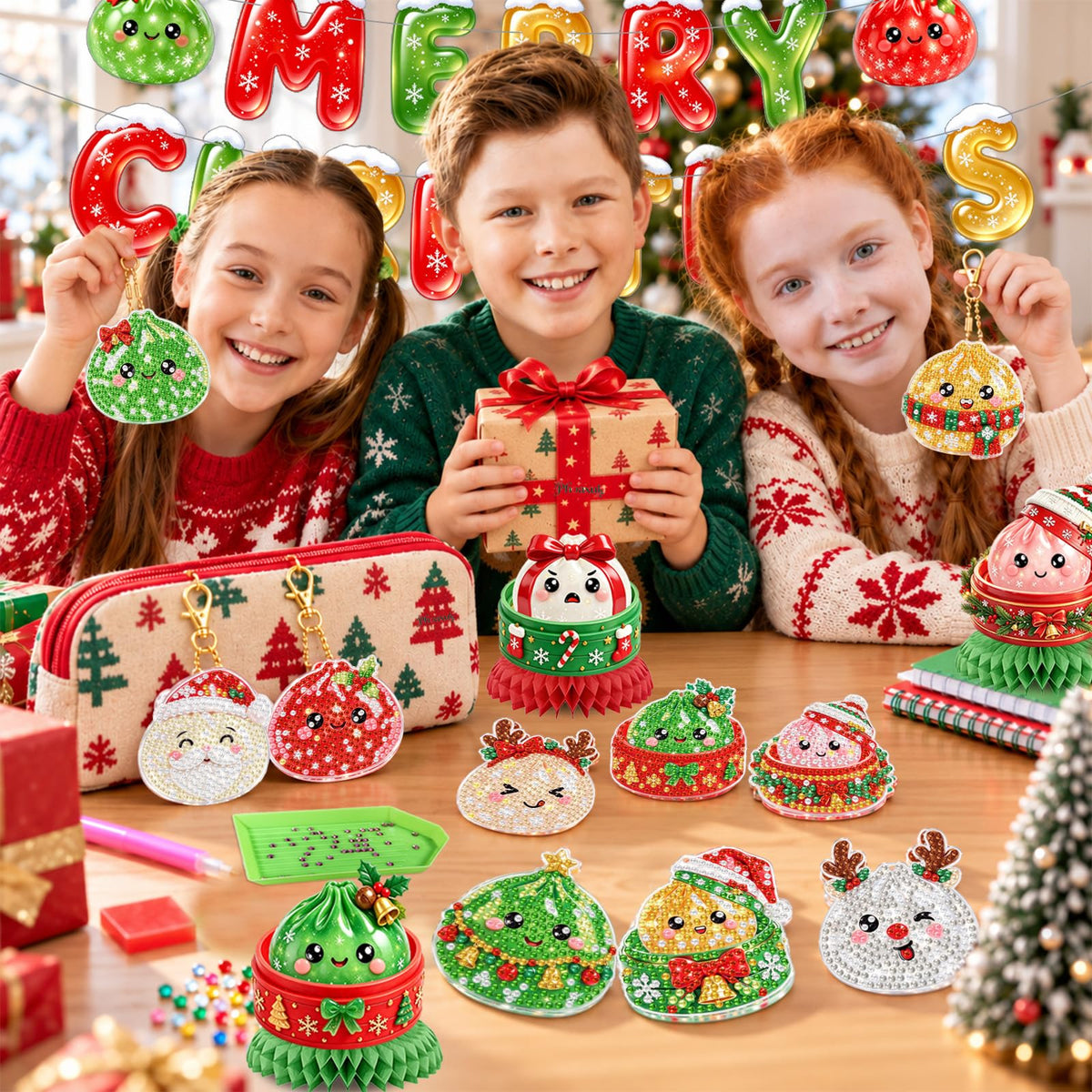 Acrylic Squishy Birthday Party Decorations,Dumpling Diamond Art Painting Kits Party Favors Arts and Crafts for Kids Ages 8-12 Make Your Own GEM Keychains for Girls Ages 4-6 Boys Christmas Toys Gifts