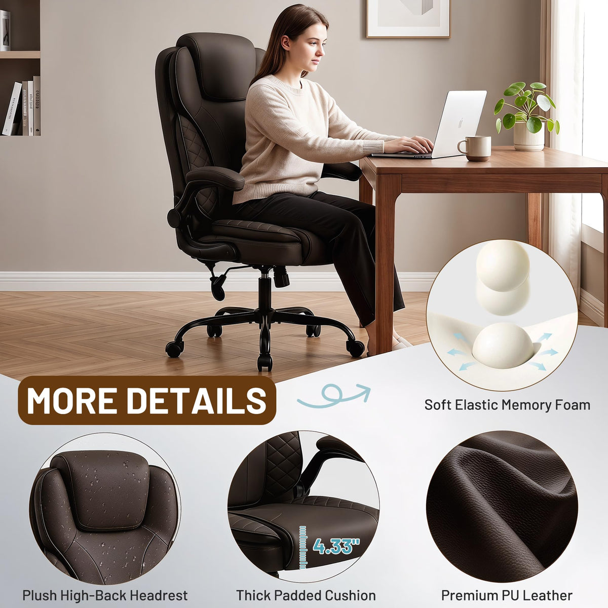 Ergonomic Office Chair, PU Leather High Back Executive Chair with Adjustable Inflatable Lumbar Support and Padded Flip-Up Arms, Recline Swivel Task Computer Chair for Home Office, Khaki