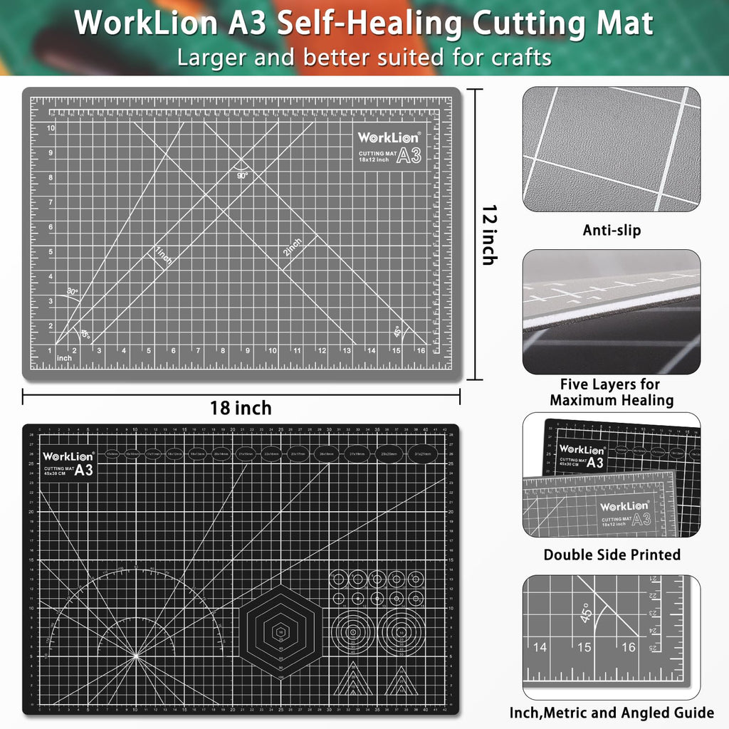 WORKLION 12" x 18" Art Self Healing PVC Cutting Mat, Double Sided, Gridded Rotary Cutting Board for Craft, Fabric, Quilting, Sewing, Scrapbooking Project……