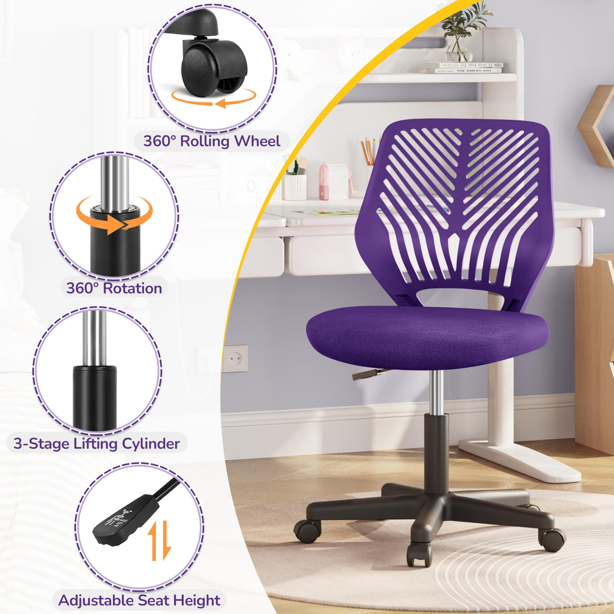Yaheetech Small Desk Chair, Armless Adjustable Swivel Seat, Green