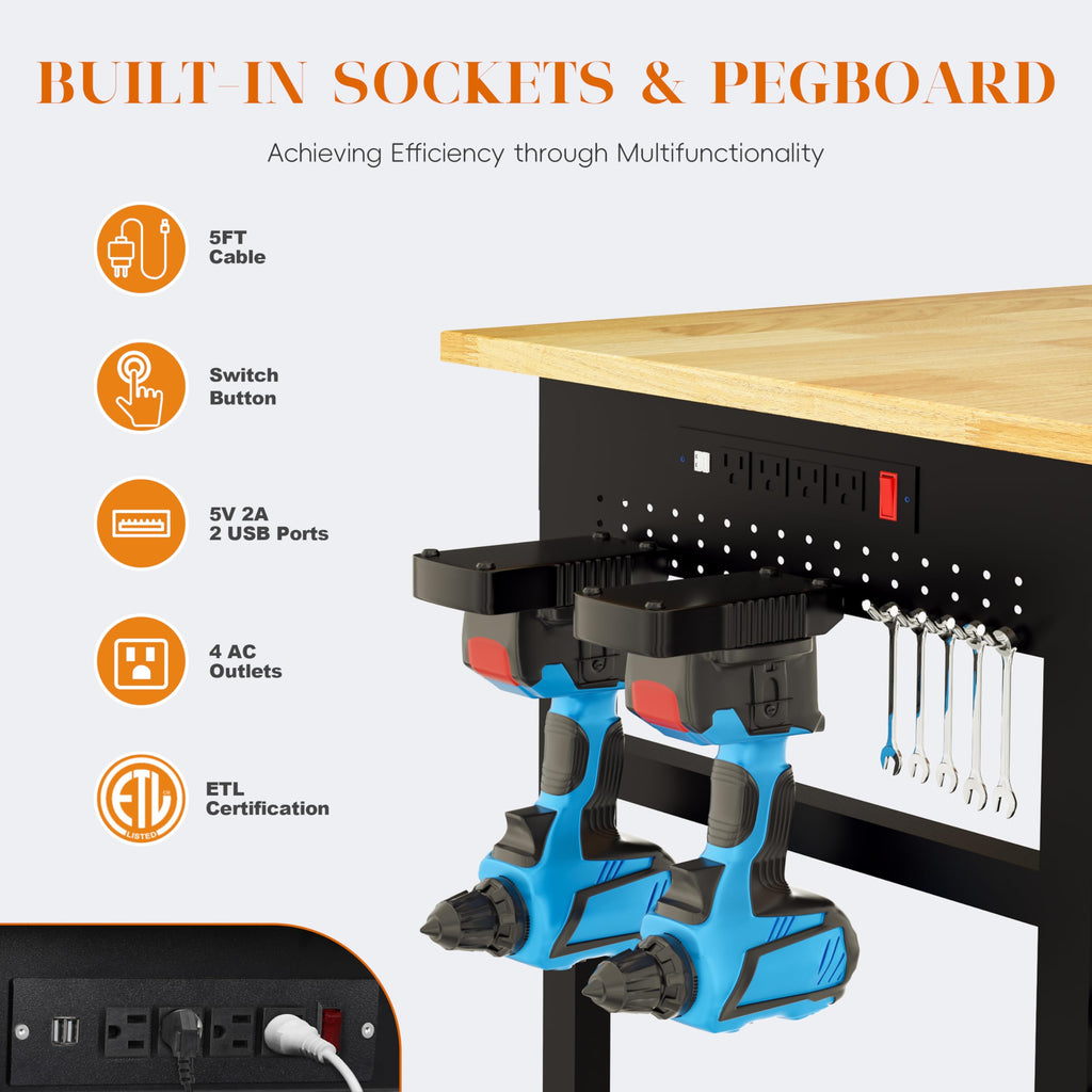 Betterhood 48" Heavy-Duty Adjustable Workbench for Garage, Rubber Wood Shop Table W/Metal Wheels, Hardwood Workstation Weight Capacity Over 2000 Lbs with Wheels