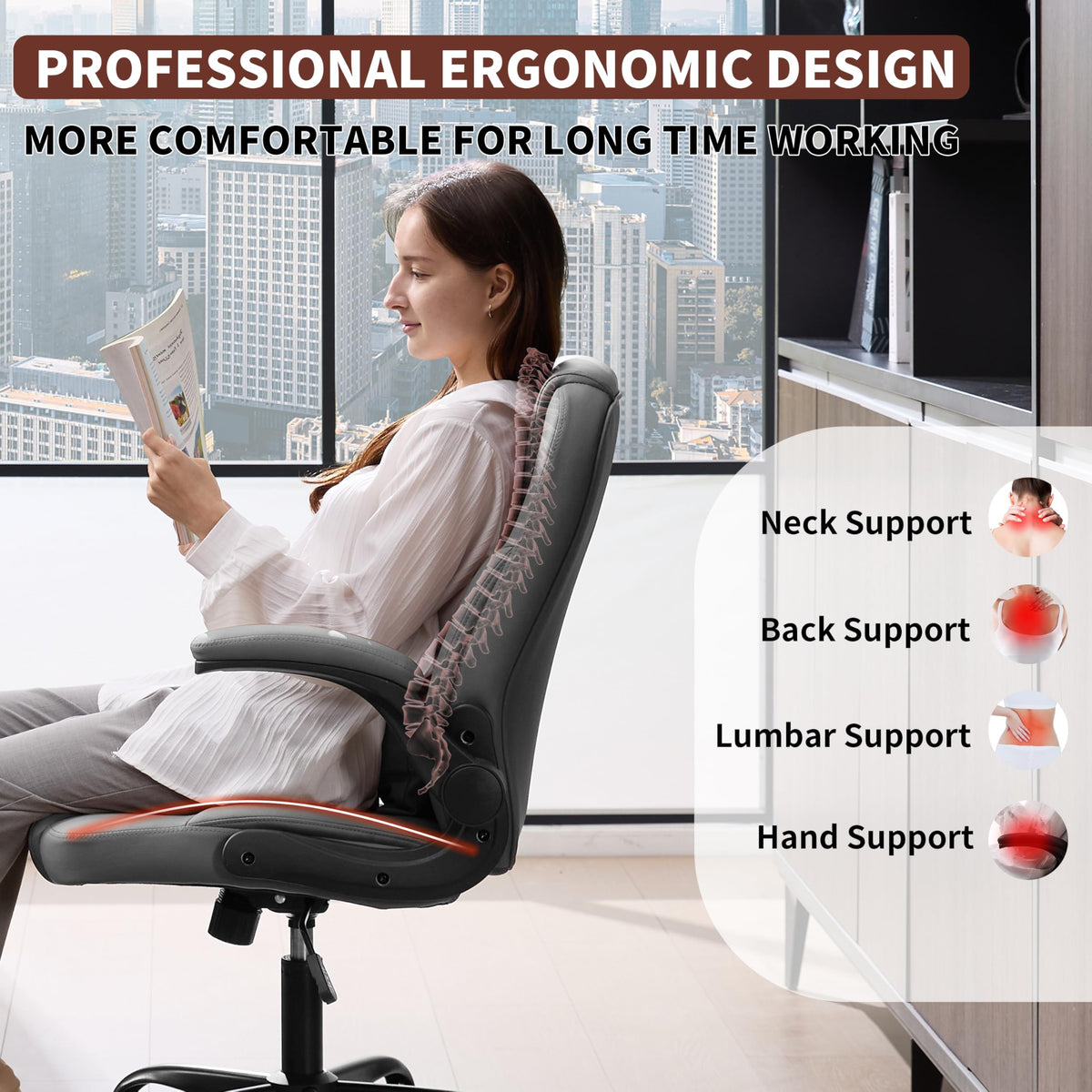 Leather Office Chair Swivel Lumbar Support for Short People Black