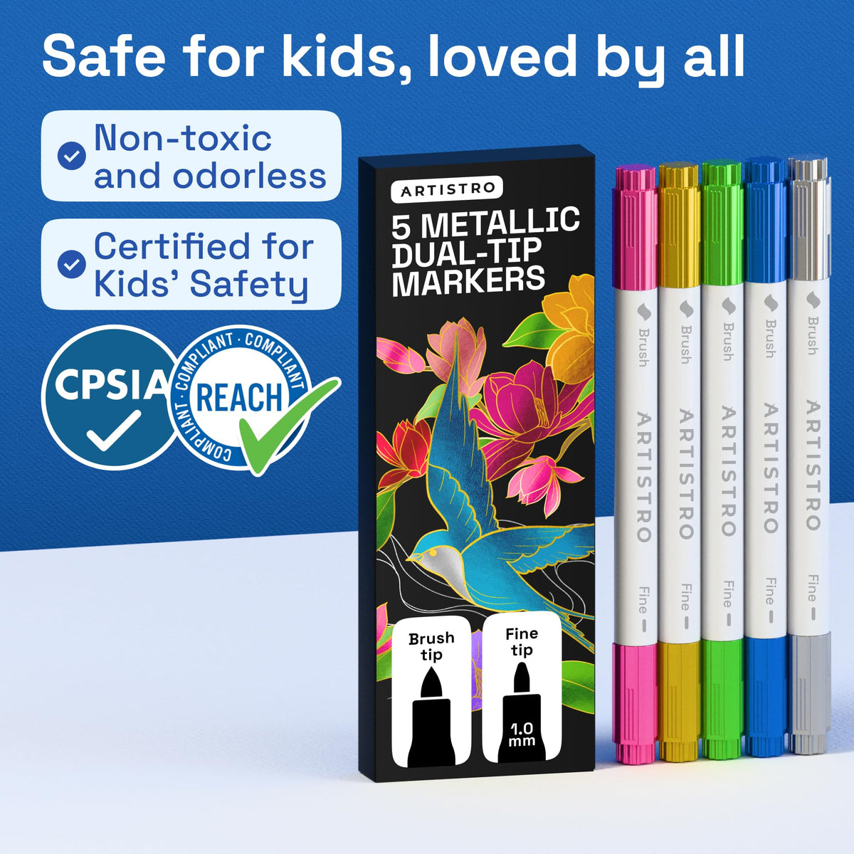 ARTISTRO Dual-Tip Acrylic Paint Markers – 1mm Fine & 1–5mm Brush Tip | ASTM D4236 Safe, Multi-Surface