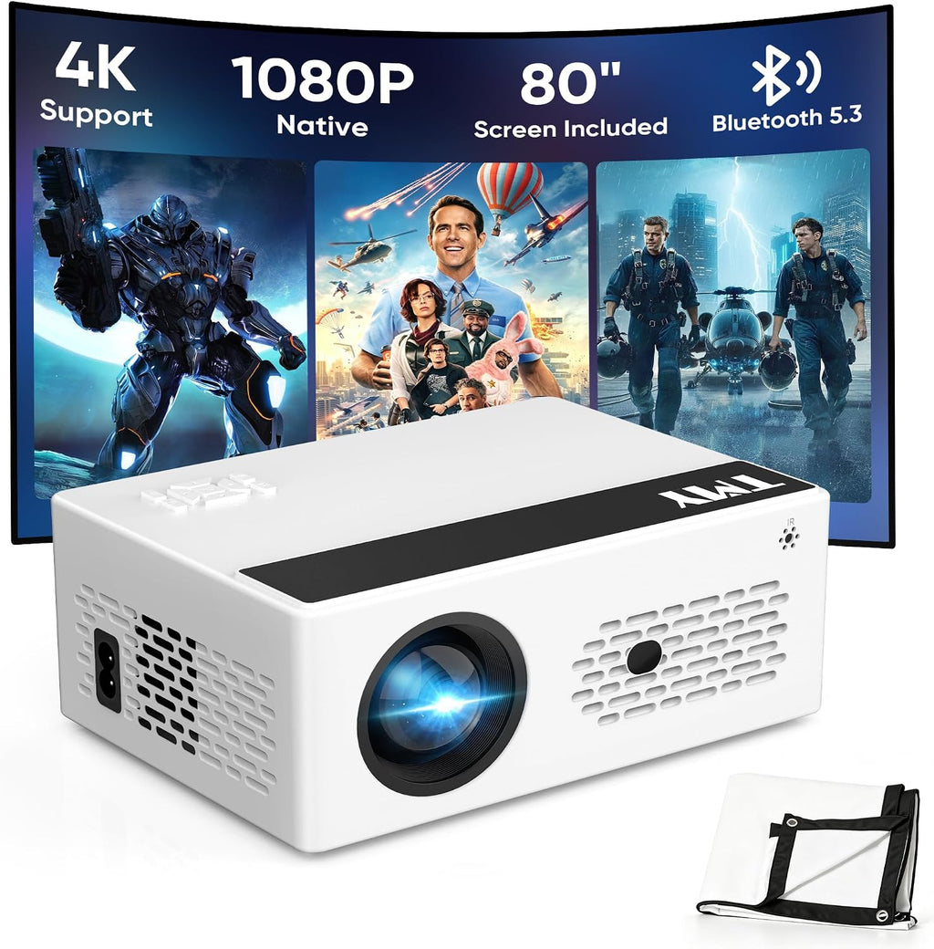 TMY Native 1080P Mini Portable Projector, 2-way Bluetooth, with 80in Screen