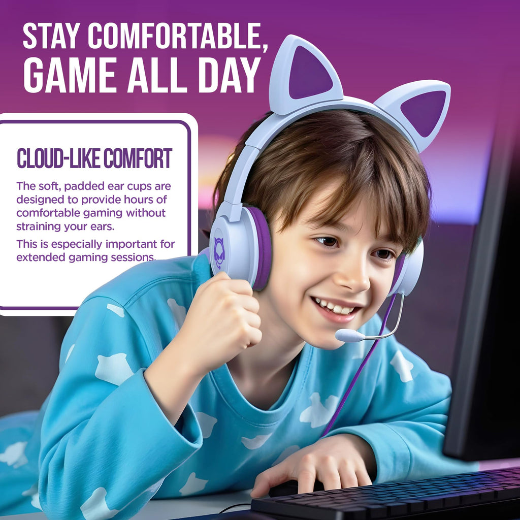 HyperGear Kombat Kitty Headphones for Kids - Cute Cat Ear Kids Headphones with Cord, Gaming Headset with Mic for Girls, Ideal for School, Home & Streaming, Pink