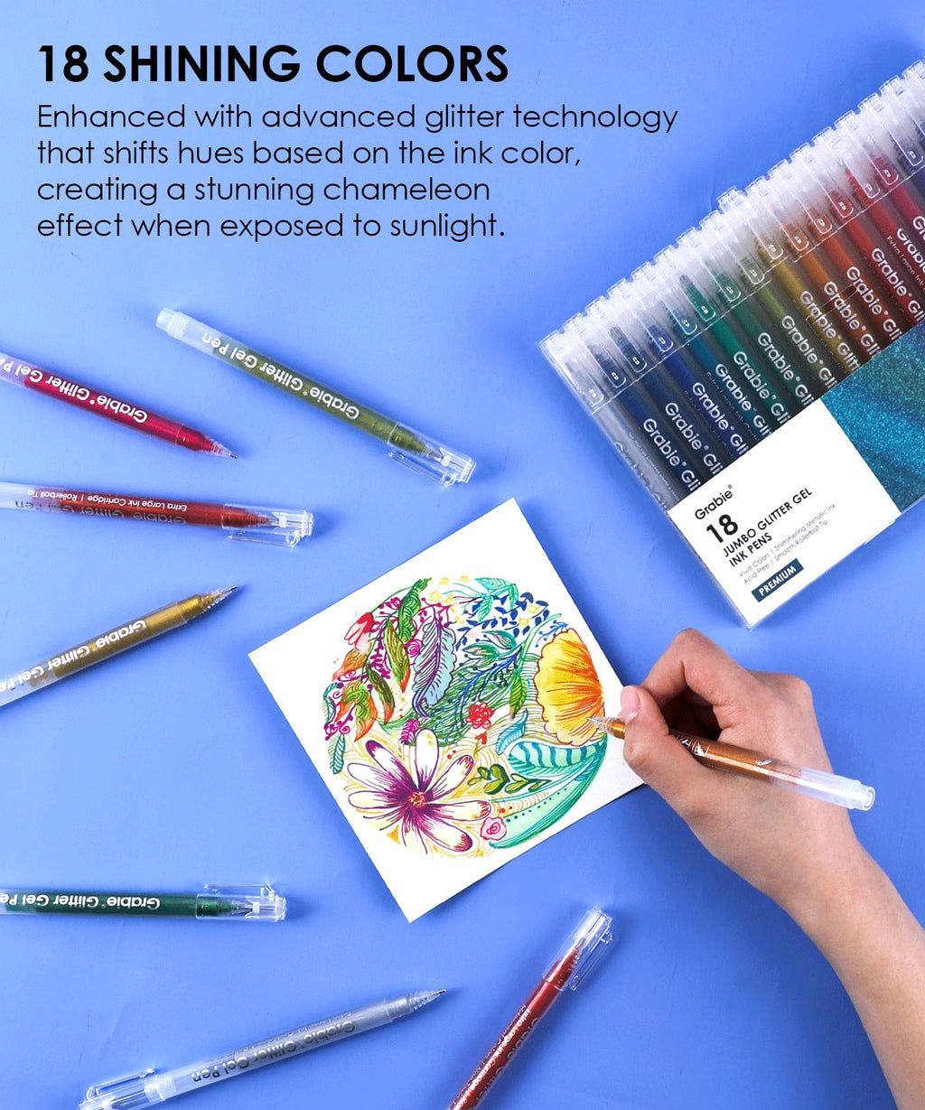 Grabie 18 Color Glitter Gel Pens, Retractable Sparkle Art Pens