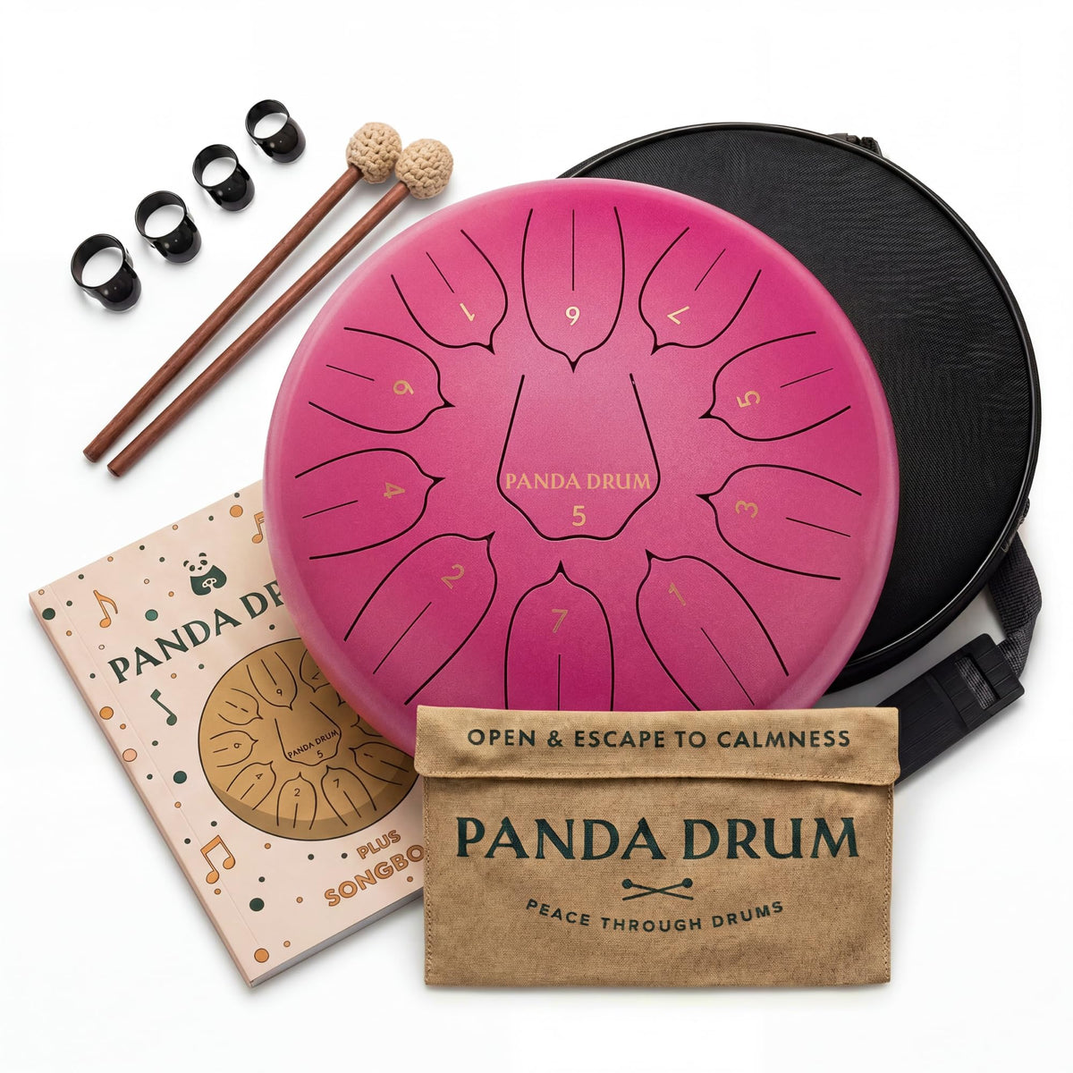 Panda Drum Plus 11" Steel Tongue Drum — Multi-Note Hand Pan with Accessories