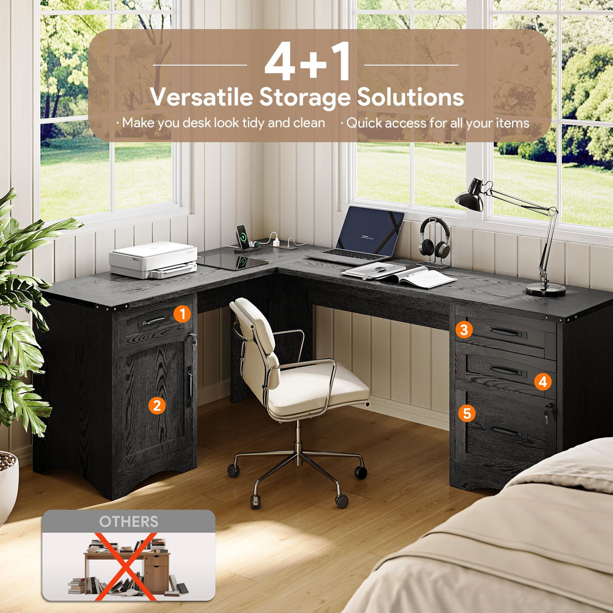 Decofy 67" Farmhouse L Shaped Standing Desk with Drawers Home Office Executive Desks with Fast Charging Station, Lockable File Cabinet, Wood Writing Computer Desk for Work, Study, White