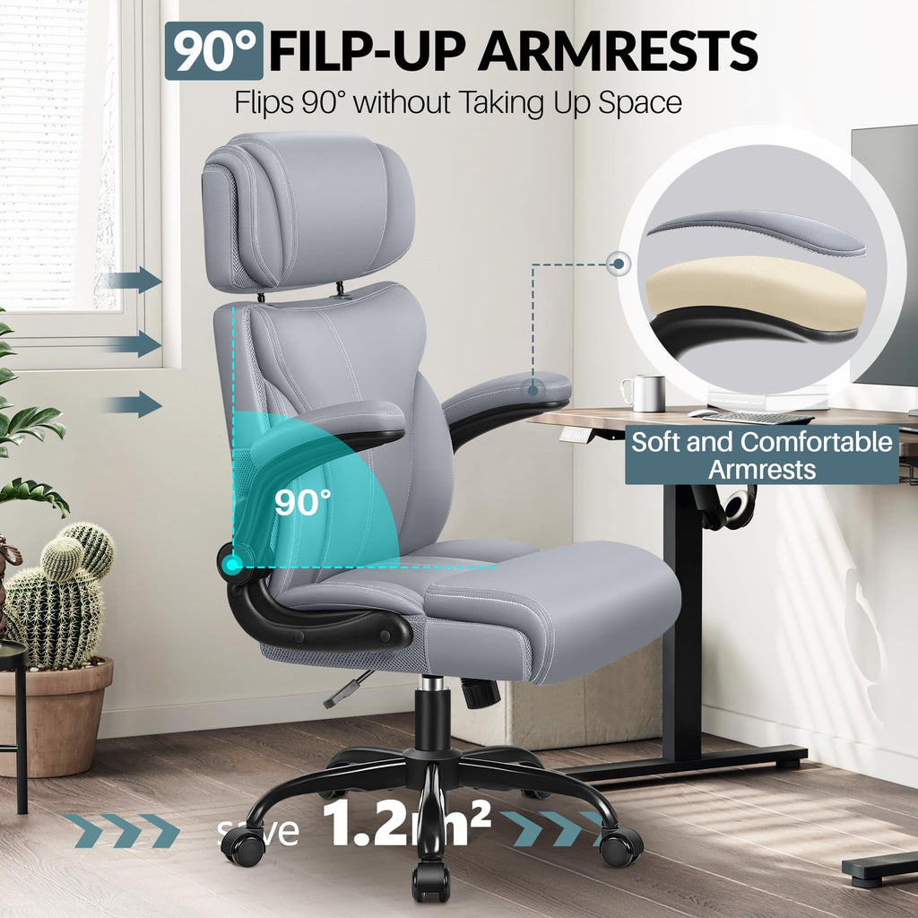 HeroSet Office Chair, Ergonomic Big and Tall Computer Desk Chairs, Executive Breathable Leather Chair with Adjustable Flip-up Armrests, Lumbar Support Swivel PC Chair with Rocking Function,Matte Black
