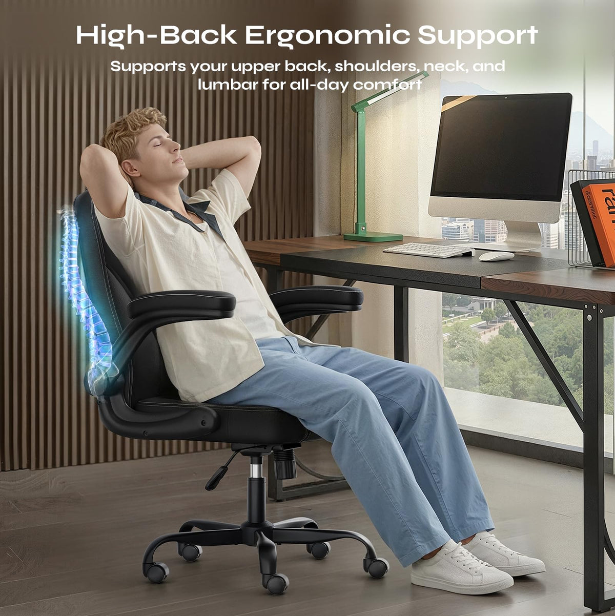 PU Leather Mid-Back Office Chair, Flip-Up Arms, 3.5" Dual-Layer Cushion