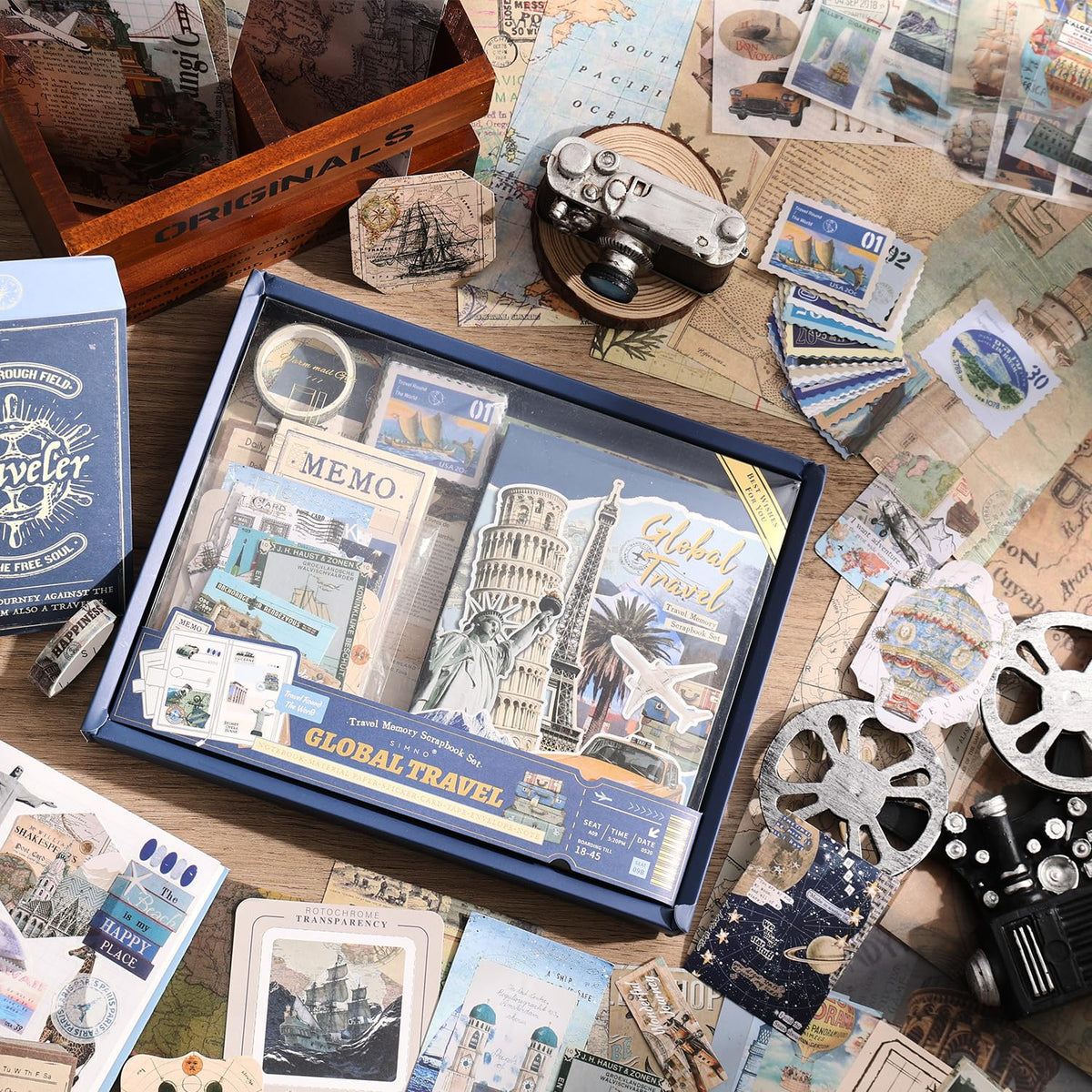 emmoolife 348 Pcs Scrapbooking Supplies Kit, Vintage Aesthetic Scrapbook Kit for Bullet Junk Journal, Stationery, A6 Grid Notebook, DIY Journaling Supplies, Birthday Craft Gift for Teen Girl Women