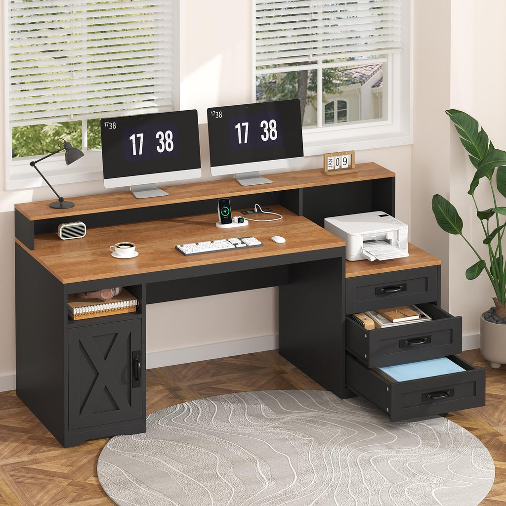 65" Farmhouse Computer Desk with Drawers and Printer Stand for Home Office