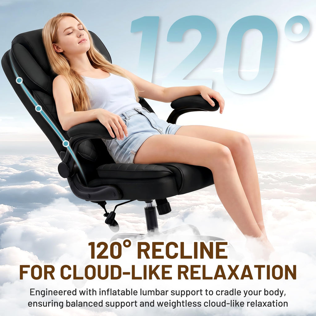 Ergonomic Office Chair, PU Leather High Back Executive Chair with Adjustable Inflatable Lumbar Support and Padded Flip-Up Arms, Recline Swivel Task Computer Chair for Home Office, Khaki