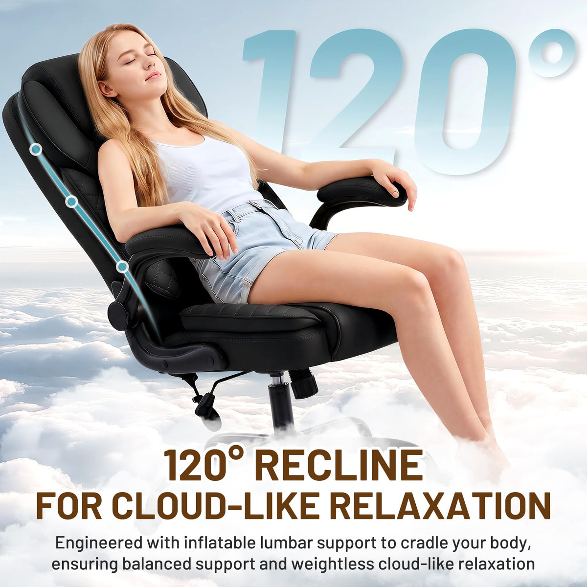 Ergonomic Office Chair, PU Leather High Back Executive Chair with Adjustable Inflatable Lumbar Support and Padded Flip-Up Arms, Recline Swivel Task Computer Chair for Home Office, Khaki