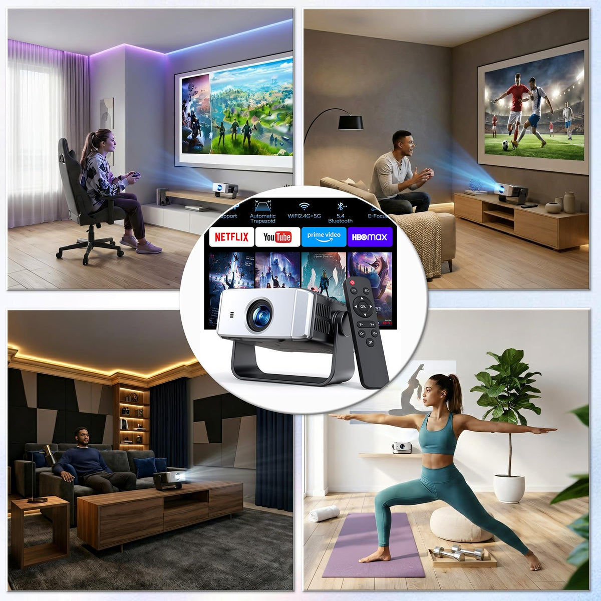 Projector with WiFi and Bluetooth, Auto Keystone, Remote, Focus HDMI USB Compatible with iOS/Android Phone, Laptop, TV Stick, PS5, Home Theater (Black-Yellow)