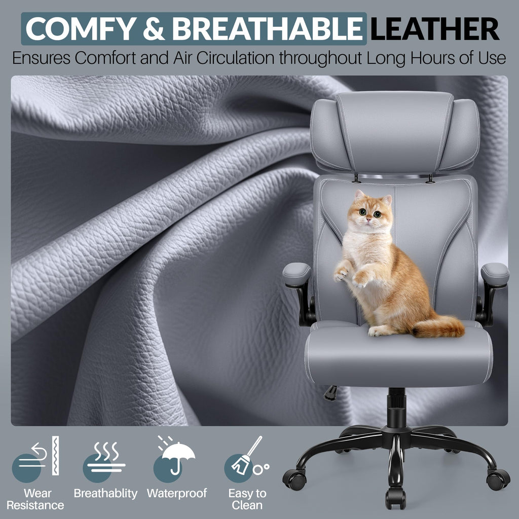 HeroSet Office Chair, Ergonomic Big and Tall Computer Desk Chairs, Executive Breathable Leather Chair with Adjustable Flip-up Armrests, Lumbar Support Swivel PC Chair with Rocking Function,Matte Black