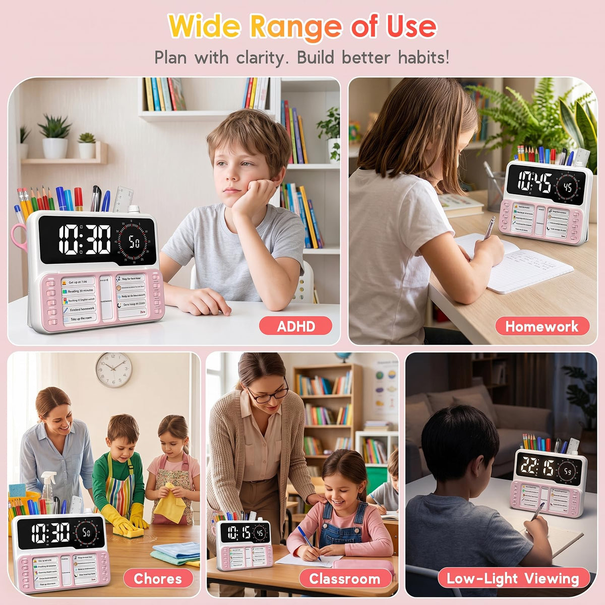 7-in-1 Visual ADHD Timer for Kids with Chore Chart Board, ADHD Tools Schedule for Kids with Autism, Alarm, Countdown, Date, Temperature, Storage, Daily Checklist for Home/School/Classroom/Desk(Blue)